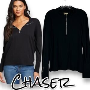 Chaser Vintage Rib Long Sleeve Mock Neck Pullover Top Zippers Womens Size Small